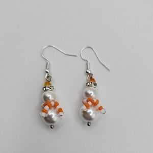 Chic White and Orange Beaded Snowman Earrings with Crystals